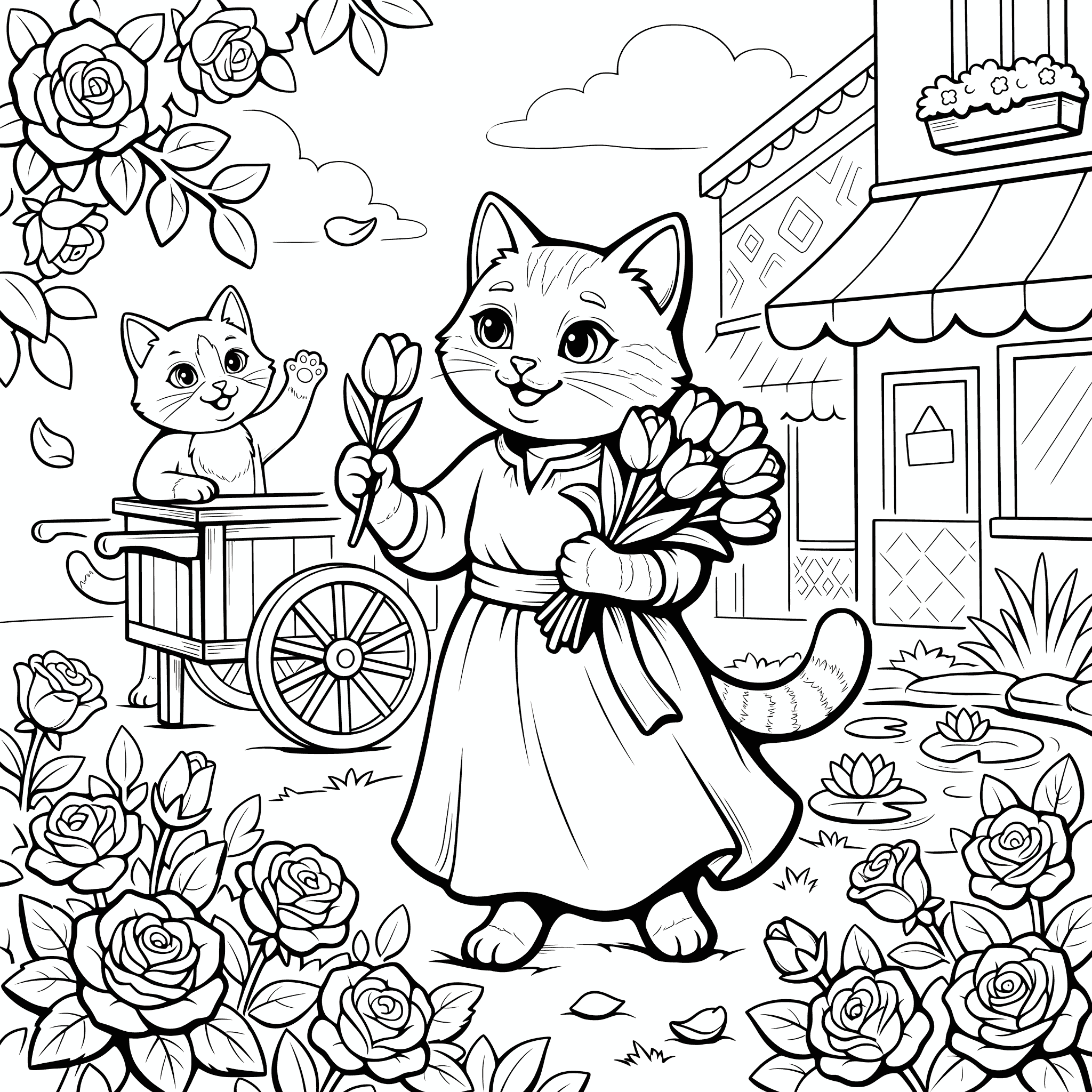 Line-art cat in an apron carrying a pie
