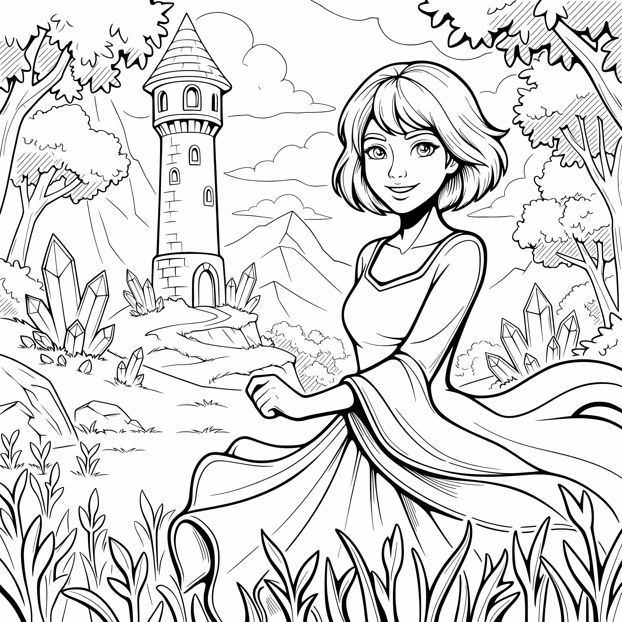 Line-art girl standing beside a castle bridge