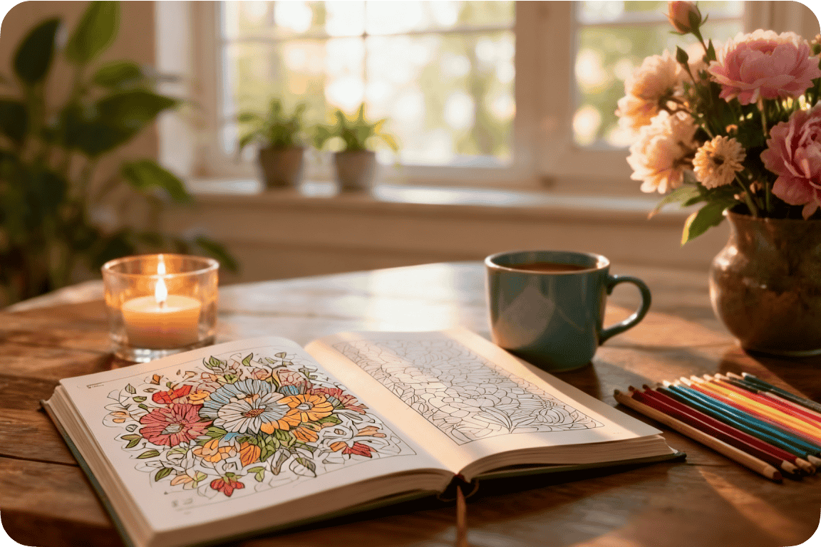 A cozy table setup with coloring book and candle