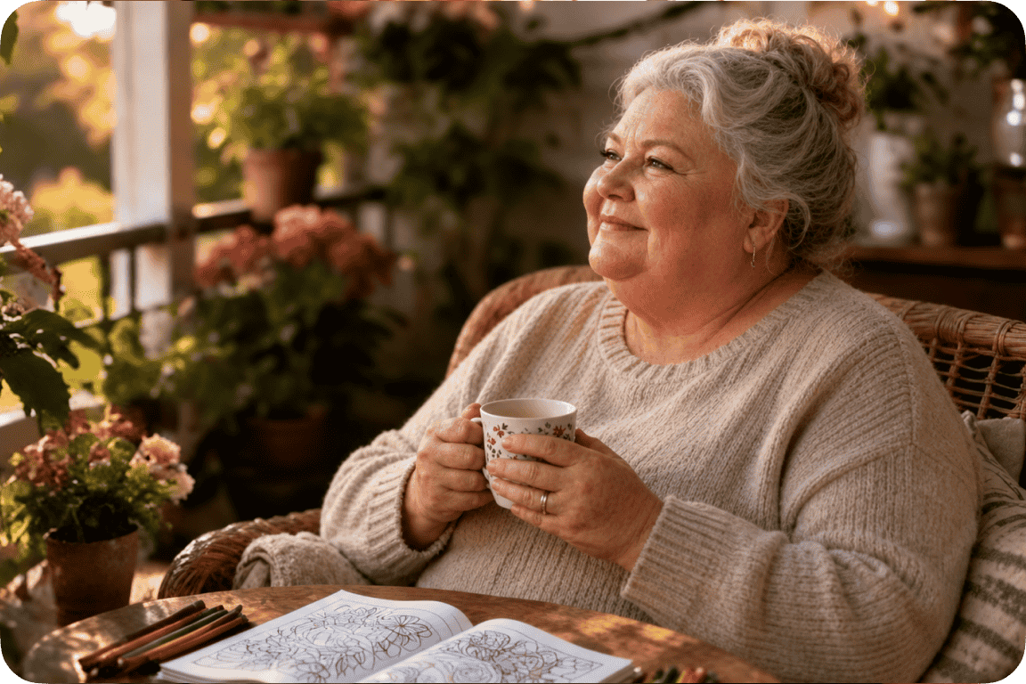 Relaxed woman smiling in a warm home setting